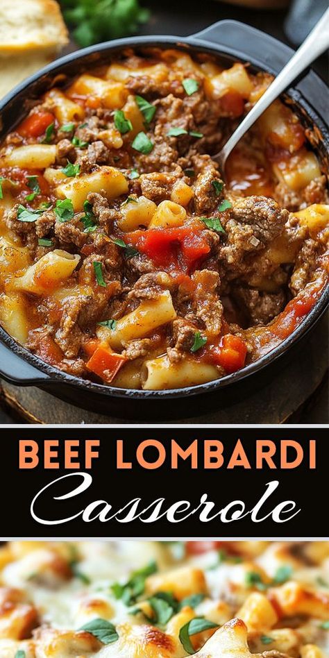 Looking for a comforting, delicious meal to serve your family? This Beef Lombardi Casserole recipe is the perfect choice! Loaded with savory ground beef, gooey cheese, and a flavorful tomato base, it's an easy weeknight dinner that'll become a family favorite. 👨‍👩‍👧‍👦 👉 Try this Beef Lombardi Casserole Tonight and enjoy a cozy, home-cooked meal everyone will rave about! #EasyRecipes #CasseroleRecipe #BeefLombardi #FamilyDinner #ComfortFood #QuickMeals #WeeknightDinner #CheesyCasserole Beef Lombardi, Easy Crockpot Dinners, Main Dish Casseroles, Healthy Beef, Ground Beef Dishes, Easy Weeknight Dinner, Ground Beef Recipes For Dinner, Beef Recipes Easy, Easy Beef