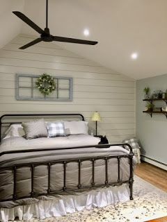 Bedroom Farmhouse Accent Wall, Rustic Shiplap Wall Bedroom, Farmhouse Style Master Bed, Bed Between Two Windows Accent Wall, Bedroom Accent Wall Headboard, Bedrooms With Shiplap Walls, Farmhouse Bedroom With Accent Wall, Shiplap Wall Bedroom Farmhouse Style, Guest Bedroom Hotel Style