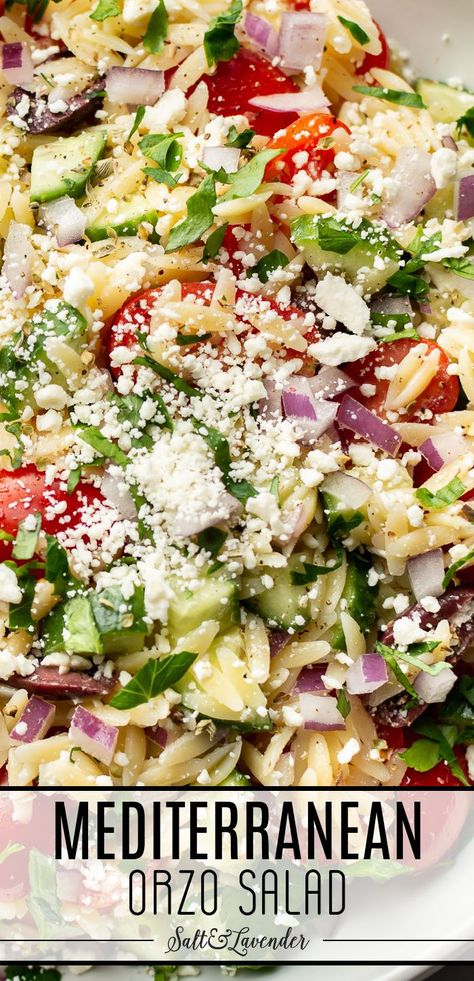 a bowl of salad with text overlay that reads mediterranean orzo salad Orzo Salad Dressing, Cold Orzo Salad, Orzo Salad Recipes Cold, Orzo Salad With Chicken, Chicken Orzo Salad, Orzo Recipes Side, Mediterranean Orzo Salad, Orzo Pasta Recipes, Mediterranean Orzo