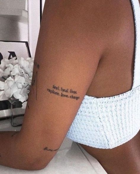 Tattoo Ideas Female Small Writing, 19th Birthday Tattoos, Tattoo Quote Location, Line Work Women Tattoo, Unique Placement For Tattoos, Tattoo Ideas Meaning Growth, Subject To Change Tattoo, Elegant Tattoo Placement, Who You Say I Am Tattoo