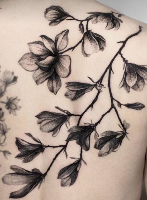 Magnolia Tree Tattoo, Flower Tattoo Black And White, Tatu Ideas, Magnolia Flower Tattoo, Flower Tattoo Black, Tree Tattoo Men, Floral Back Tattoos, Tattoo Black And White, Magnolia Tattoo