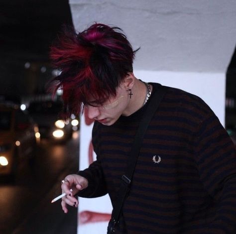 Red Tip Hair Men, Red Streaked Hair Highlights, Short Red Hair With Black Roots, Black And Red Hair Men, Dark Red Hair Men, Black Hair Red Tips, Red Hair Streaks, Black Hair With Red Highlights, Motorcycle Boy