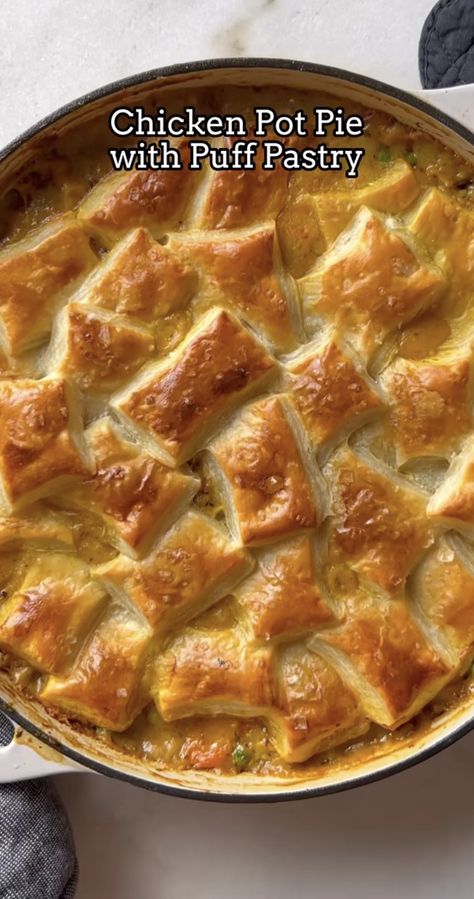 Chicken Pie Puff Pastry, Bri Bites, Pot Pie With Puff Pastry, Pie With Puff Pastry, Use Rotisserie Chicken, Puff Pastry Chicken, Cold Weather Comfort Food, Chicken Pie, Pot Pies Recipes