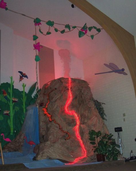 Volcano Decoration, Rope Lighting Ideas, Paricutin Volcano, Giant Volcano, Thema Dino, Mystery Island, Lifeway Vbs, Rope Lighting, Vbs Decorations