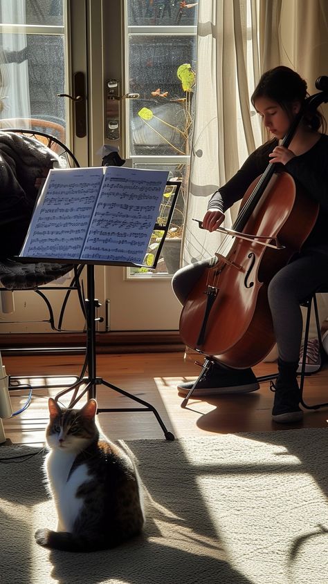 Cello Serenade Moment: An aspiring cellist practices diligently in a sunlit room while a captivated cat listens attentively. #music #cello #cat #practice #performance #aiart #aiphoto #stockcake ⬇️ Download and 📝 Prompt 👉 https://stockcake.com/i/cello-serenade-moment_326071_671217 New Hobbies Aesthetic, Symphony Photography, Cellist Aesthetic, Cello Aesthetic, Cello Instrument, Geneva Lee, Cello Photo, Sunlit Room, Cello Photography