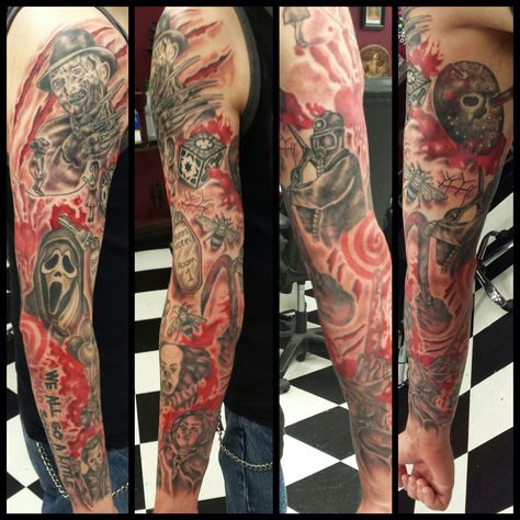 Slasher Sleeve by tattoojax  It's finished!!! ❤️ Nightmare On Elm Street -  Halloween - Friday The 13th - Scream - Candyman - Child's Play - Psycho - It - Texas Chainsaw Massacre  - My Bloody Valentine - Hellraiser - Saw - Quote from Psycho/Scream "We All Go A Little Mad Sometimes" #tattoo #tattoos #ink #inked #slasher #horror #sleeve #freddy #michaelmyers #ghostface #candyman #chucky #normanbates #it #stephenking #leatherface #pinhead #jigsaw Candyman Tattoo Drawing, Slasher Tattoo Sleeve, Saw Tattoo Horror, Saw Tattoo Jigsaw, Texas Chainsaw Tattoo, Saw Tattoo, Jigsaw Tattoo, Horror Sleeve, Slasher Horror