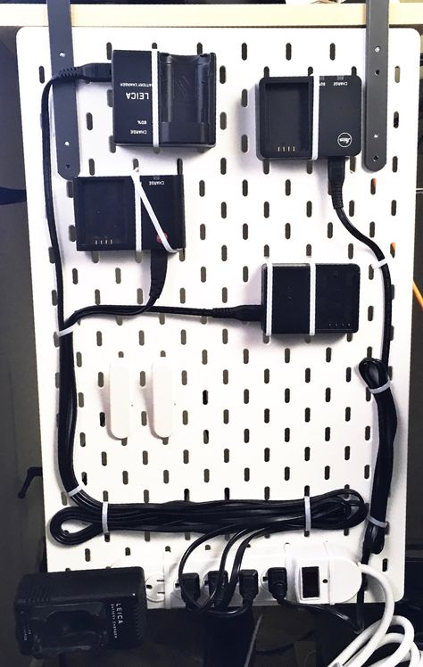 Camera Battery Charging Station — Jeff Mellody Pegboard Camera Gear, Camera Charging Station, Camera Equipment Organization, Video Equipment Storage, Photo Studio Organization, Gear Room Organization, Camera Equipment Storage, Photography Gear Storage, Photography Equipment Storage