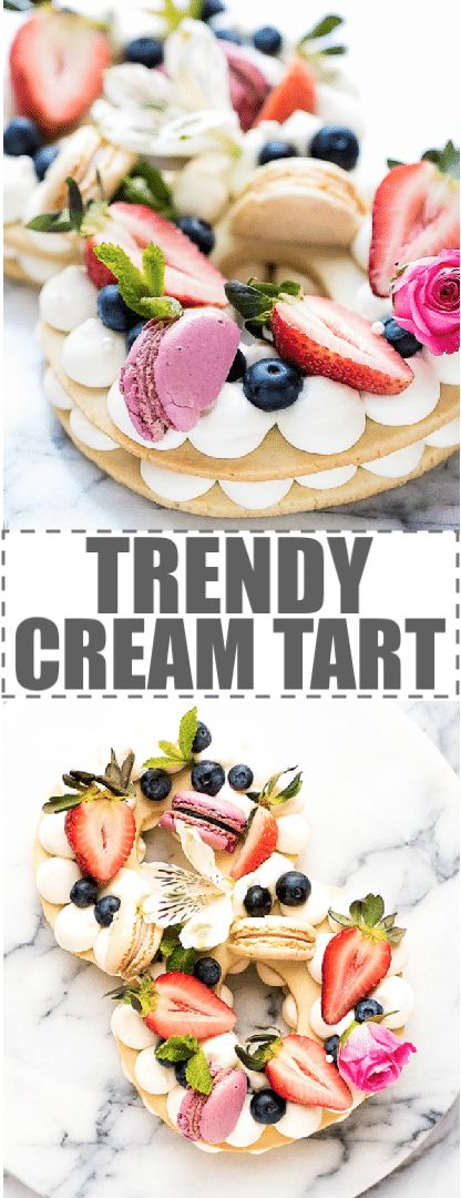 Cream Tart Recipe - New Cake Trend layers of shortbread cookie dough with cream cheese whipped cream. Topped with berries, macarons and flowers. Beautiful, elegant dessert,easy to make and inexpensive. Great for parties, birthdays, baby and bridal showers. These cream tarts are also called cream cakes, cake tarts, tart cakes, cream biscuits, open cookie and cream cakes. #creamtart #creampastry #adiklinghofer #trendycreamtart #trendycake via @cookinglsl Dough With Cream Cheese, Cream Tart Recipe, Macarons And Flowers, Tart Cakes, Cream Cheese Whipped Cream, Cream Tarts, Base Cake, Super Cookies, Cream Tart