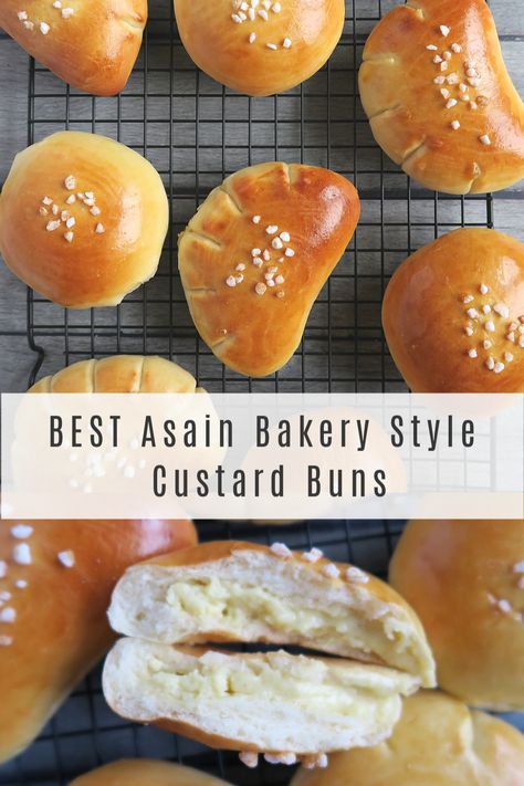 Custard bread is very popular in Taiwan and Japan. Soft and fluffy milk bread filled sweet and creamy custard, super yummy! Learn all the tips of making the best custard bun! #Sweetbread #Custard #Buns #Asianbread Sweet Custard Buns, Japanese Custard Bun, Taiwan Bread, Korean Milk Bread, Custard Buns Recipe, Japanese Sweet Bread, Dessert With Custard, Custard Bread, Japan Bread