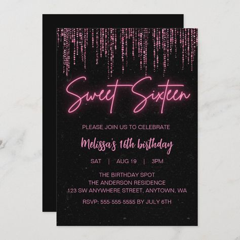 Black Sweet 16, Pink Sweet 16, Sweet 16 Themes, Neon Birthday, 16th Birthday Invitations, Sixteenth Birthday, 2nd Birthday Invitations, Glitter Birthday, Sweet 16 Invitations