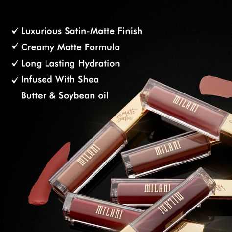 Milani Amore Satin Matte Lip Cream available at 65k🇺🇬. Call/WhatsApp 0704 261 720 for deliveries. . #satinlips #beautytrendsuganda #milanilipstick #satinlipstick #milanicosmetics #monday #grwm #officemakeup #makeupartist #repost #uganda Milani Cosmetics, Liquid Courage, Matte Lip Gloss, Liquid Lip Color, Satin Lipstick, Matte Lip Cream, Lipstick Collection, Smooth Lips, Soybean Oil