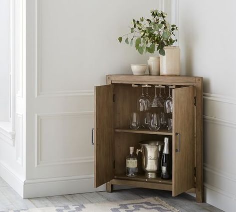 Brooklyn Corner Bar Small Corner Liquor Cabinet, Bar In Corner Of Living Room, Corner Wine Fridge, Small Bar Area In Living Room Corner, Corner Bar Cart Ideas, Small Corner Bar Cabinet Ideas, Corner Bar Diy, Corner Bar Ideas For Home Small Spaces, Corner Decorating Ideas Dining Room