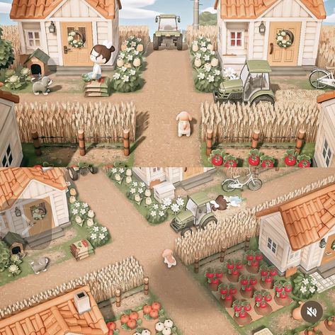 Acnh Design Ideas Cottagecore, Animal Crossing Island Inspiration Farm, Acnh Farm Build, Acnh Countryside Dream Address, Countrycore Acnh, Acnh Cottagecore Neighborhood, Acnh Farm Neighborhood, Acnh Farm Town, Acnh Airport Entrance Designs Cottagecore