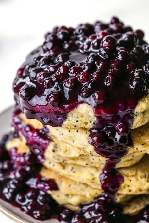 Lemon Poppyseed Pancakes With Blueberry Sauce - Wife Mama Foodie Pancakes With Blueberry Sauce, Poppyseed Pancakes, Lemon Poppy Seed Pancakes, Poppy Seed Pancakes, Lemon Poppyseed Pancakes, Lemon Pancakes, Berry Pancakes, Paleo Pancakes, Blueberry Topping