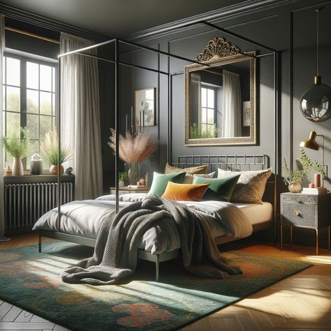 Relaxing modern bedroom with dark vintage aesthetic. Four-poster bed with metal headboard, colorful pillows, knitted blanket. Rectangular mirror on dark grey wall reflects sunlight. Bedside table with books, candles. Vintage brass lamp. Window with blackout curtains. Plants in vases. Plush carpet in green and brown tones. Dark Room Canopy Bed, Dark Four Poster Bed, Green Four Poster Bed, Dark Academia Canopy Bed, Dark Wood Four Poster Bed, Four Poster Bed Dark Academia, Bungalow Bedroom, Dark Grey Walls, Metal Headboard