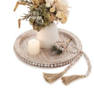 Hanobe Round Wooden Bead Tray: Coffee Table Tray with Wood Beaded Garland Decor Set Pinkish Whitewashed Decorative Tray for Counter Farmhouse Centerpiece Rustic Distressed Candle Holder Boho Tray Decor, Distressed Candle Holders, Wood Beaded Garland, Round Wooden Tray, Beads Garland, Tray Coffee Table, Farmhouse Centerpiece, Coffee Tray, Round Wood Coffee Table