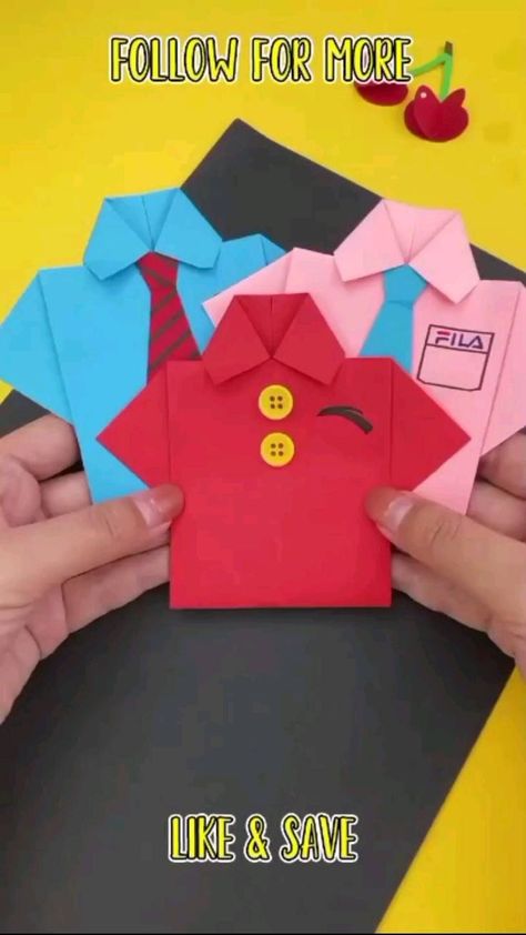 Shirt Origami Tutorial, Shirt With Paper Craft, Father’s Day Cards Shirt And Tie, Origami Shirt And Tie, Father Day Craft Ideas, Shirt Paper Craft, How To Make Shirt With Paper, Paper Crafts For Fathers Day, Papa Crafts For Kids