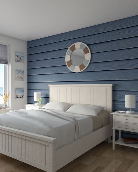 Coastal Bedrooms Blue And White, Coastal Bedroom Blue And White, Beach House Headboard Ideas, Beach Blue Bedroom, Tiny Coastal Bedroom, Coastal Master Bed Bedroom, Blue And Wood Bedroom, Blue Small Bedroom, Coastal Master Bedrooms Decor