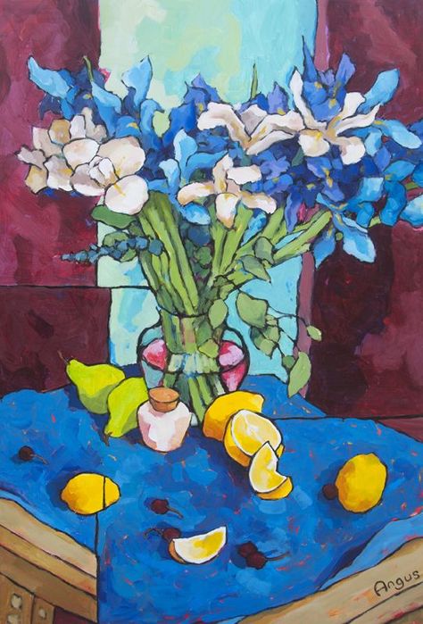 blue iris on blue by Angus Wilson Angus Wilson, Wilson Art, Arte Van Gogh, Blue Iris, Painting Still Life, Still Life Art, Flower Art Painting, Arte Floral, Colorful Paintings