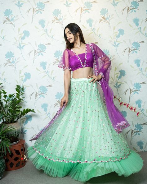 Lehenga designer Hyderabad net green purple sequins maggam hand embroidery shopnow trending blouses Purple Net Lehenga, Purple Lehenga, Light Sea Green, Pista Green, Sea Green Color, Lehenga Blouse Designs, India Dress, Net Lehenga, Lehenga Blouse