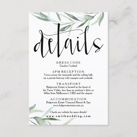 Eucalyptus Wedding Details Card Rustic Details#Card#Rustic#Shop Boho Outdoor Wedding, Anemone Wedding, How To Dress For A Wedding, Wedding Details Card, Eucalyptus Wedding, Wedding Fun, Invitation Ideas, Second Weddings, Invitation Wording