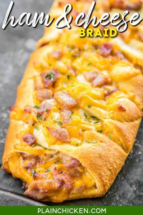 Ham & Cheese Braid - Only 4 ingredients! Great way to use up leftover holiday ham. Crescent rolls, ham, cheddar cheese, and honey mustard dressing. Ready in under 30 minutes. Everyone LOVES this easy stuffed bread recipe!! #ham #cheese #sandwich #crescentrolls Veggie Stromboli, Crescents Recipes, Ham And Cheese Bread, Ham Leftovers, Ham Dishes, Ham Recipes Baked, Ham Dinner, Stuffed Bread, Crescent Recipes