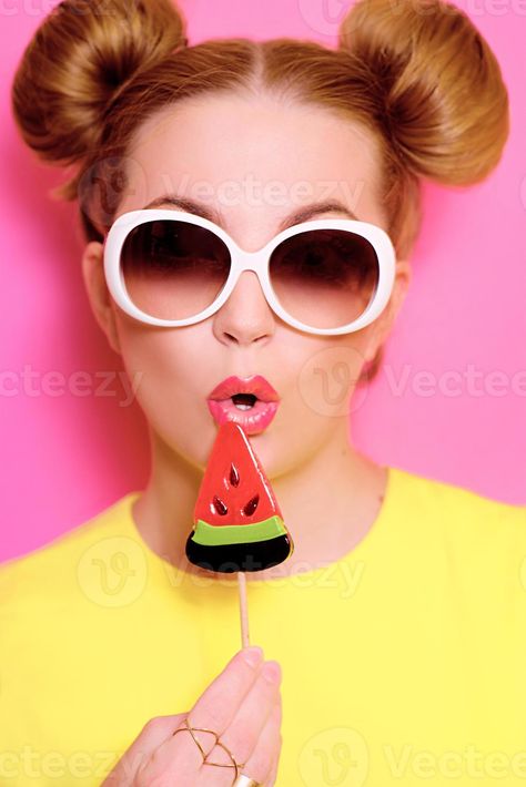 Portrait of stylish cute young blonde woman in sunglasses with colorful watermelon lollipop on pink background Colorblock Aesthetic, Woman In Sunglasses, Blonde Woman, Cool Nails, Blonde Women, Woman Colour, Pink Background, Lollipop, Super Cool