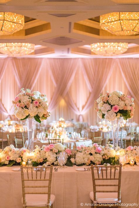 Wedding Reception Head Table, Reception Head Table, Pink Wedding Receptions, White Wedding Centerpieces, Draping Ideas, Quincenera Dresses, Wedding Table Setup, Wedding Reception Lighting, Flowers Centerpieces