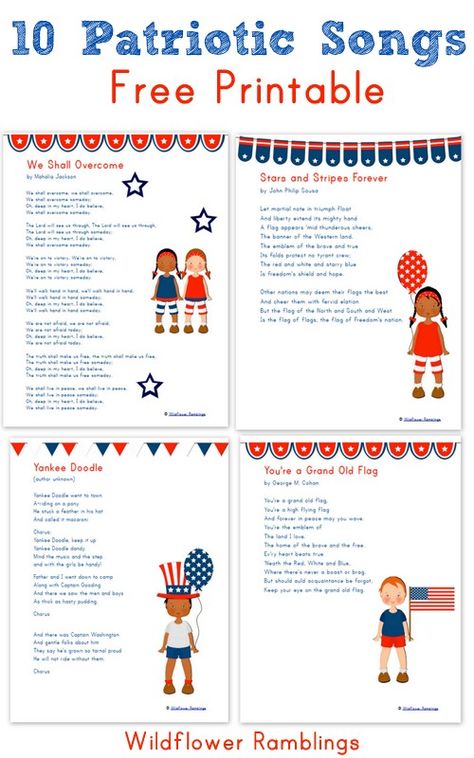 10 Patriotic Songs for Children (free printable) from Wildflower Ramblings Veterans Day Songs, Patriotic Songs, Songs For Children, American Heritage Girls, Preschool Music, Music Worksheets, Printables For Kids, Preschool Songs, Kindergarten Graduation