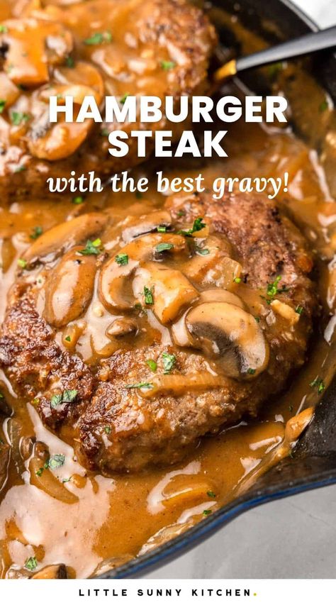 Mushroom Brown Gravy, Easy Hamburger Steak, Ground Beef Patties, Hamburger Steak Recipes, Hamburger Steak And Gravy, Homemade Salisbury Steak, Dinner Sandwich, Hamburger Steaks, Hamburger Dishes