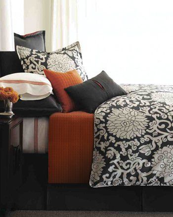 I love the Black and White bedroom with a splash of color- maybe change it up with another splash of color (other than orange) Orange Bedroom, Fall Bedding, Bedroom Orange, Black Bedroom, Bedroom Color, Up House, Contemporary Bed, Spare Bedroom, Black Bedding