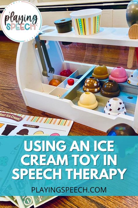 Quick ideas for using an ice cream toy to treat speech sound disorders. Perfect for preschool speech therapy activities. Play based speech therapy ideas for articulation activities. Preschool Speech Therapy Activities, Ice Cream Counter, Apraxia Activities, Kids Speech Therapy, Ice Cream Toy, Articulation Therapy Activities, Speech Therapy Ideas, Speech And Language Activities, Speech Therapy Activities Preschool