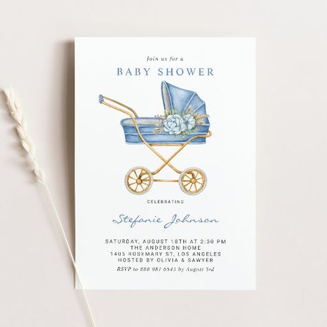 Vintage Blue Baby Shower Ideas, Classy Boy Baby Shower Ideas, Blue And White Baby Shower Ideas, Boy Baby Sprinkle, Vintage Baby Shower Boy, Vintage Stroller, Baby Boy Invitations, Stationary Ideas, Blue Baby Shower Invitations