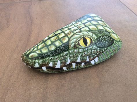 Painted crocodile rock Crocodile Rock Painting, Rock Snake Head, Alligator Rock Painting, Snake Rock Painting, Crocodile Drawing, Green Scales, Dot Painting Tools, Snake Painting, Drawing Rocks