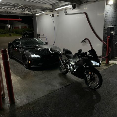 car + bike duo 🥰 . . . #explore #cars #mustangs650 #motorcycle #kawasaki #ninja400 Car Duo, Sportbike Motorcycles, Motorcycle Ninja, Bike And Car, Motorcycle And Car, Motorcycle Guy, Helicopter Plane, Car And Bike, Bike Aesthetic