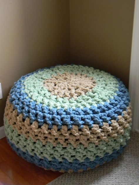 Ravelry: The Lucky Hanks Signature Crochet Pouf pattern by Theresa Boyce Crochet Bean Bag, Crochet Pouf Pattern, Giant Crochet, Crocheted Baskets, Caron One Pound Yarn, Bean Bag Filling, Household Accessories, Extreme Knitting, Crochet Pouf