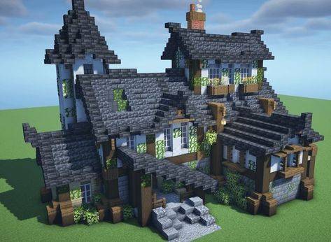 Cobbled Deep Slate House Minecraft, Stucco And Brick House, Deep Slate House Minecraft, Minecraft Dark House, Minecraft Gothic House, Cottage Minecraft, Minecraft Mansion, Minecraft Interior Design, Minecraft House Plans