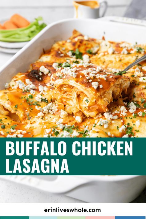 Add some spicy twist to a classic family recipe! This creamy buffalo chicken lasagna is about to become your favorite comfort meal. Buffalo Chicken Lasagna, Creamy Buffalo Chicken, Chicken Lasagna Recipe, Buffalo Recipe, Chicken Shredded, Buffalo Chicken Pasta, Lasagna Noodles, Classic Lasagna, Chicken Lasagna