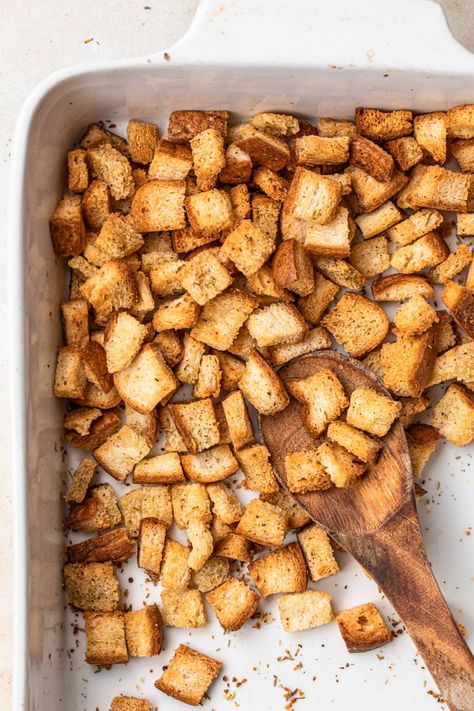 Golden Gluten Free Croutons - Homemade Homemade Gluten Free Croutons, Gluten Free Croutons, Quick Pickled Red Onions, Crouton Recipes, Salad Toppers, Crispy Chickpeas, Croutons Homemade, Homemade Gluten Free, White Bean Soup