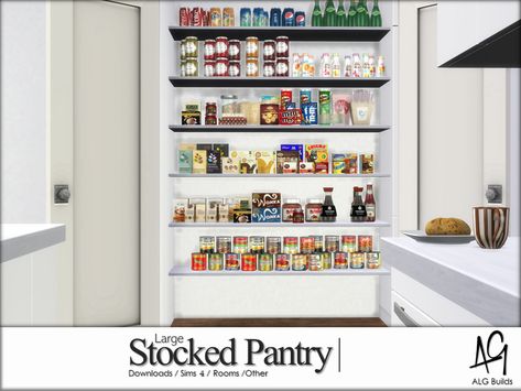 Sims 4 — Large Stocked Pantry (Room) by ALGbuilds — A fully stocked pantry that you can add to your new builds for your Stocked Pantry, House Pantry, Sims 4 Kitchen, Sims 4 Tsr, Kitchen Objects, Pantry Room, Mod Furniture, Muebles Sims 4 Cc, Sims 4 Clutter