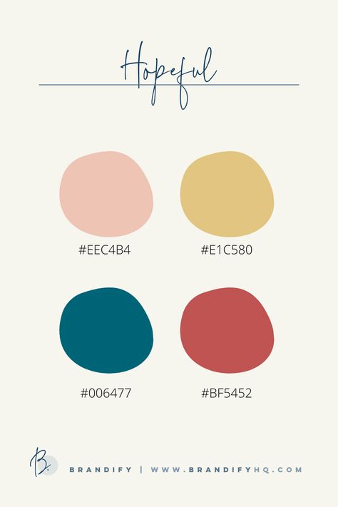 Hello entrepreneurs! I created this brand color palette to inspire you! These colors convey a hopeful feeling, which is based on color psychology. Using color psychology helps you choose brand colors that evoke the emotions you want to be associated with your brand. Create the perfect brand color palette that connects with your ideal client! Get Brandify's FREE guide! #colorinspo #colorpalette #brandcolors #colorpsychology #hopeful #hopefulcolors #brandingcolorpalette #brandingtips Hopeful Color Palette, Hope Color Palette, Optimistic Color Palette, Brand Colors Palette, Tricolor Palette, Brand Colors Inspiration, Brand Palette, Website Color Palette, Business Colors