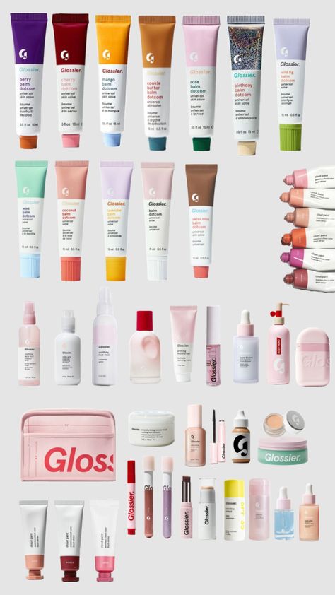 Glossier I tried to find every single product they have😂 #preppy #glossier #outfitinspo Preppy Skincare Glossier, Glossier Must Haves, Preppy Glossier, Glossier Skin Care, Glossier Branding, Glossier Cosmetics, Rose Cookies, Glossier You, Cosmetic Packaging Design