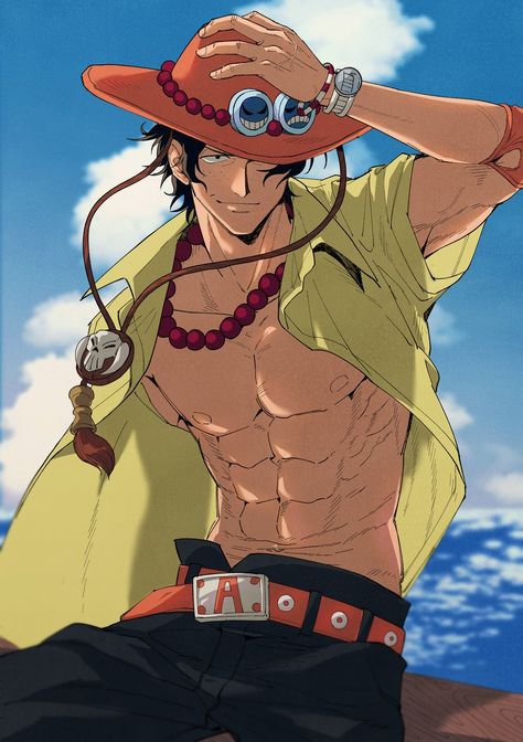 Luffy Outfits, Portgas D Ace One Piece, Pose Male, Ace One Piece, Floating Hair, Orange Hat, Hair Bracelet, Portgas D Ace, One Piece Man