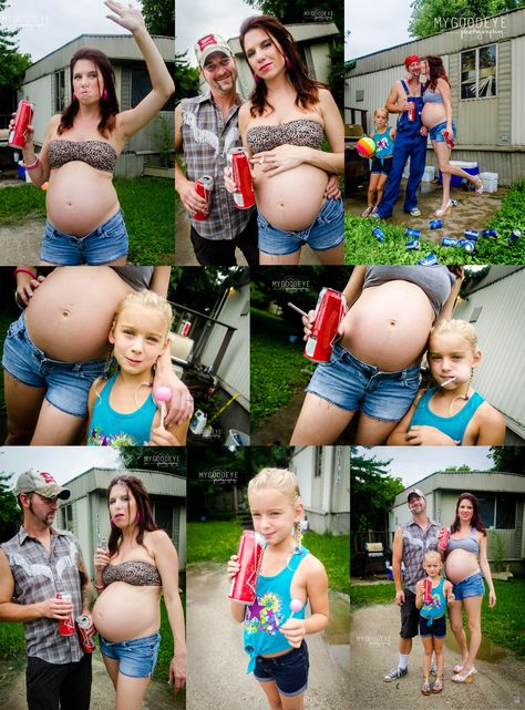 Trailer Trash maternity photo shoot! No, I do not condone the drinking of alcohol or smoking while pregnant, or underage drinking. These are meant to be funny, sarcastic, a little off putting, and not to be taken serious! :) Cringe Maternity Shoot, Trailer Trash Photoshoot, Awkward Maternity Photos, Funny Maternity Pictures, Funny Maternity Photos, Alcoholic Parents, Funny Maternity, Mom Belly, Maternity Photo Shoot