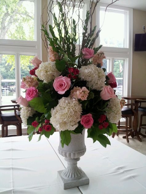 Beautiful pink floral arrangement for wedding buffet arrangement. Knoxville wedding, Knoxville florist, Always in Bloom Tall Floral Arrangements, Altar Arrangement, Large Floral Arrangements, Altar Flowers, Large Flower Arrangements, Church Flower Arrangements, Flower Vase Arrangements, Memorial Flowers, Church Flowers