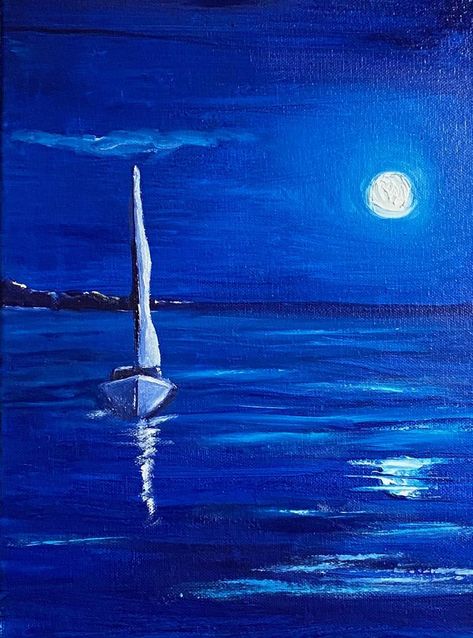 Original Art Oil Painting, measuring: 22.86W x 30.48H x 1.91D cm, by: Bill Scherbak (United States). Styles: Expressionism. Subject: Sailboat. Keywords: Night Sky, Sailboat, Seascape, Water, Sailing. This Oil Painting is one of a kind and once sold will no longer be available to purchase. Buy art at Saatchi Art. Paintings Of Sailboats, How To Paint Sailboats, Sail Boats Painting, Sail Boat Painting, Sailboat Artwork, Sailing Painting, Pelican Art, Painting Moon, Sailboat Wall Art