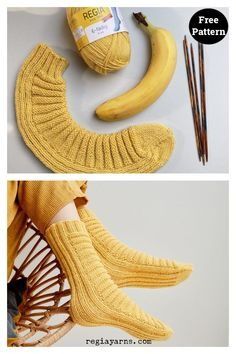 This Banana Tube Socks Free Knitting Pattern is perfect for anyone who wants to knit socks but isn't ready to tackle the heel just yet. Socks Free Knitting Pattern, Knitted Socks Free Pattern, Knitted Slippers Pattern, Crochet Knit Hat, Hand Knit Socks, Crochet Fingerless Gloves, Sock Knitting Patterns, Slippers Pattern, Knitted Slippers