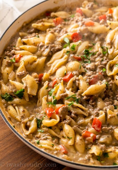 Creamy Beef and Shells Recipe Creamy Beef Shells, Beef Shells, Creamy Beef And Shells, Beef And Shells, Shells Recipe, Food Soup, Savory Meals, Beef Pasta, Stuffed Shells Recipe