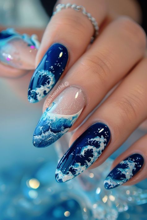 Mermaid Nail Art, Wave Nails, Beach Nail Designs, Themed Nails, Elegant Nail, Graduation Nails, Mermaid Nails, Blue Nail Designs, Vacation Nails