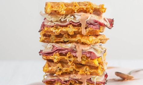 Recipe: Keto Reuben Chaffle Sandwich | KETO-MOJO Keto Pastrami, Cauliflower Bisque, Chaffle Sandwich, Keto Reuben, Chaffles Keto, Pastrami Recipe, Reuben Recipe, Reuben Sandwich Classic, Ketosis Diet Recipes